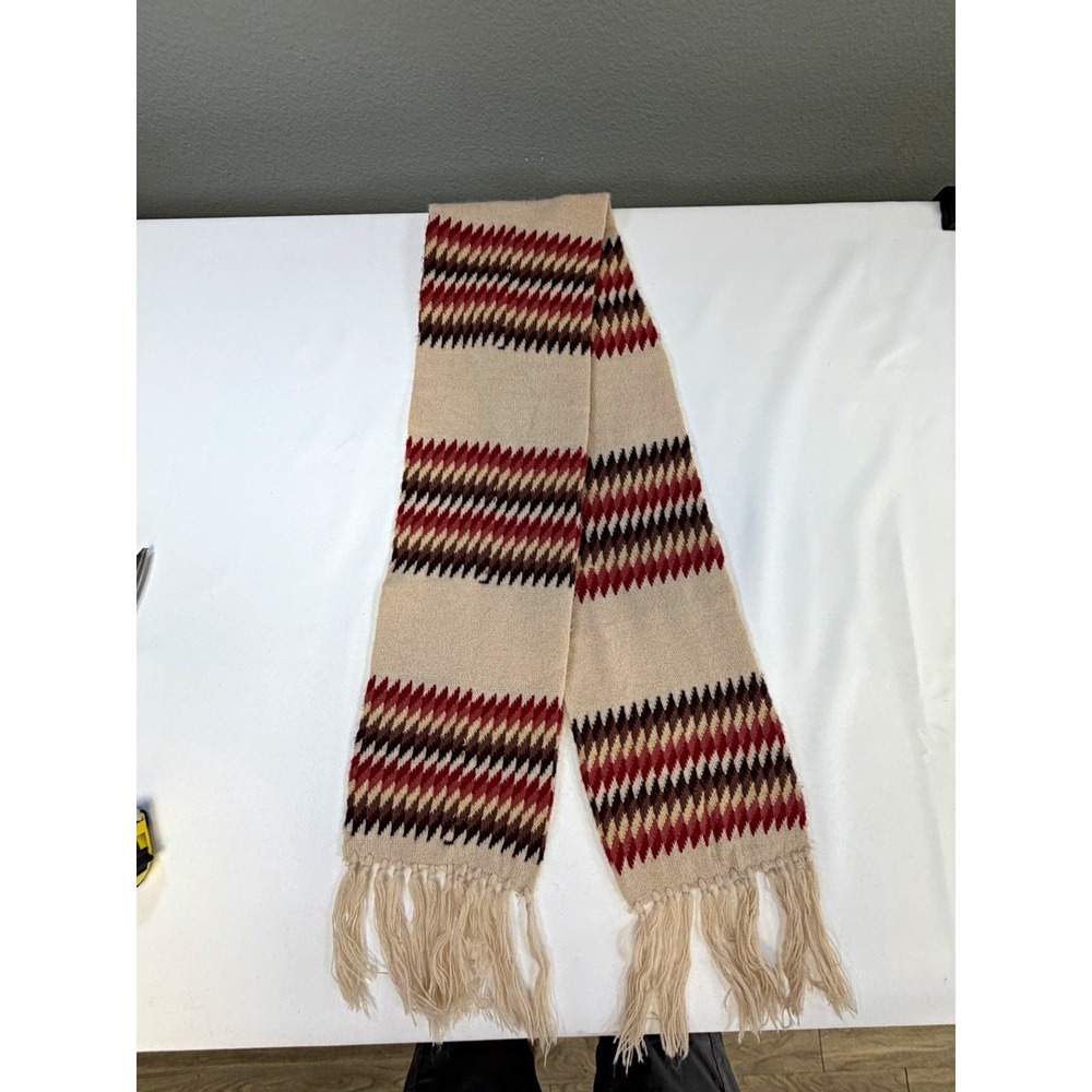 Vintage Knit Rectangle Scarf Argyle Chevron Fringe Beige Burgundy Brown Multi